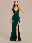 Simple Spaghetti Straps High Slit Bodycon Evening Dress with Rhinestone – Dark Green