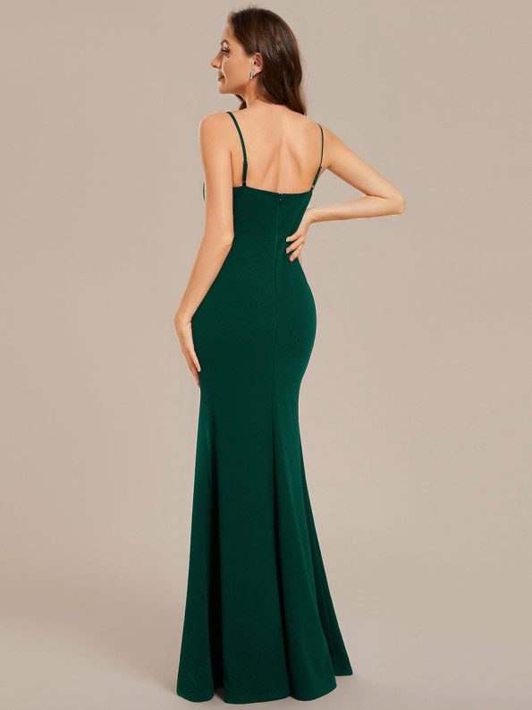 Simple Spaghetti Straps High Slit Bodycon Evening Dress with Rhinestone - Dark Green