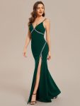 Simple Spaghetti Straps High Slit Bodycon Evening Dress with Rhinestone – Dark Green