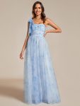 Floral Printed Empire Waist Strapless Formal Evening Dress with A-line – Ice Blue