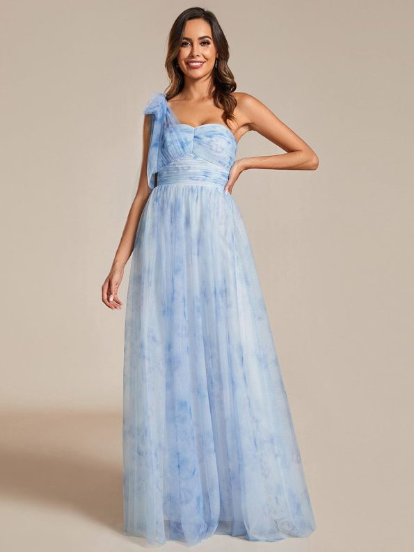 Floral Printed Empire Waist Strapless Formal Evening Dress with A-line - Ice Blue