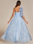 Floral Printed Empire Waist Strapless Formal Evening Dress with A-line – Ice Blue