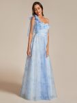 Floral Printed Empire Waist Strapless Formal Evening Dress with A-line – Ice Blue