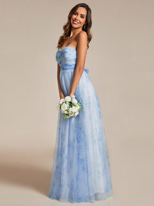 Floral Printed Empire Waist Strapless Formal Evening Dress with A-line - Ice Blue