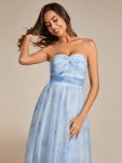 Floral Printed Empire Waist Strapless Formal Evening Dress with A-line – Ice Blue