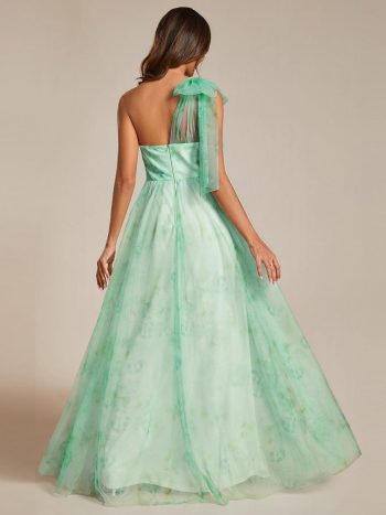 Floral Printed Empire Waist Strapless Formal Evening Dress with A-line - Mint Green