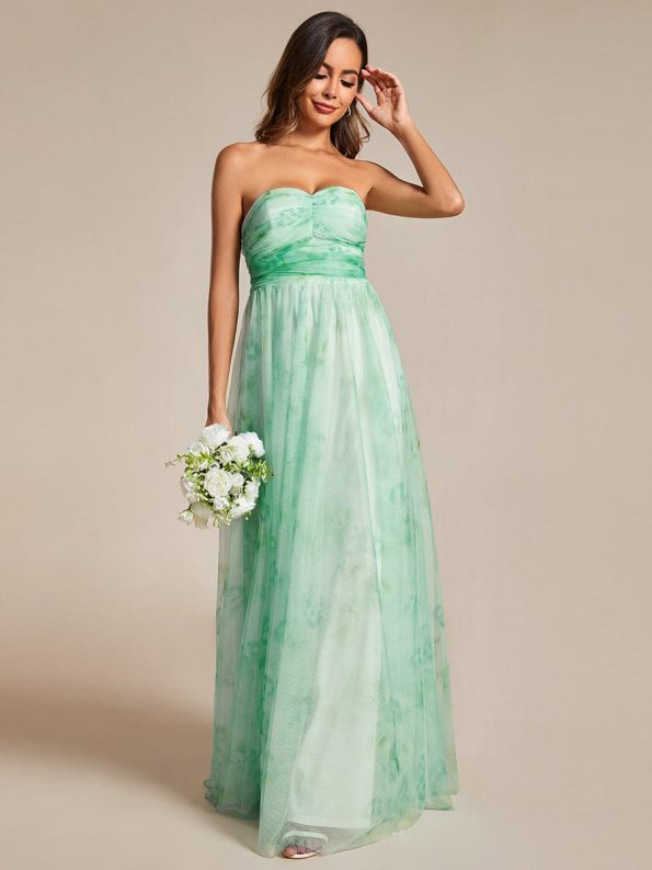 Floral Printed Empire Waist Strapless Formal Evening Dress with A-line - Mint Green