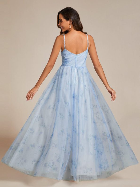 Floral Printed Empire Waist Spaghetti Strap Formal Evening Dress with V-Neck - Ice Blue