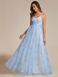 Floral Printed Empire Waist Spaghetti Strap Formal Evening Dress with V-Neck - Ice Blue