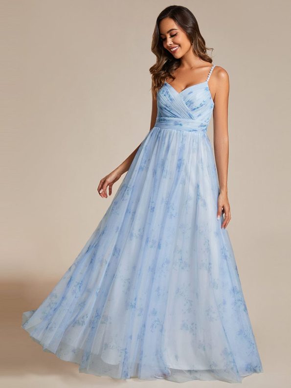 Floral Printed Empire Waist Spaghetti Strap Formal Evening Dress with V-Neck - Ice Blue