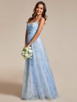 Floral Printed Empire Waist Spaghetti Strap Formal Evening Dress with V-Neck – Ice Blue