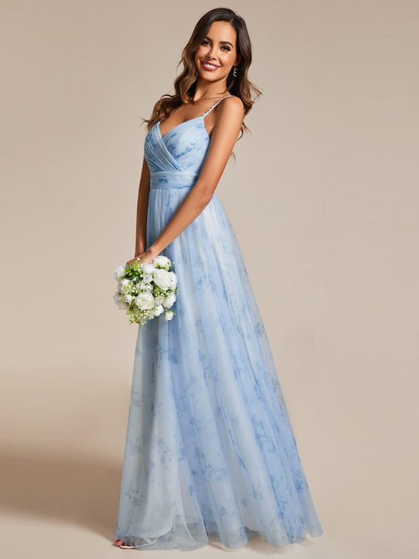 Floral Printed Empire Waist Spaghetti Strap Formal Evening Dress with V-Neck - Ice Blue