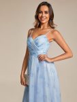 Floral Printed Empire Waist Spaghetti Strap Formal Evening Dress with V-Neck – Ice Blue