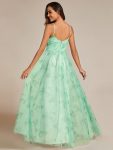 Floral Printed Empire Waist Spaghetti Strap Formal Evening Dress with V-Neck – Mint Green