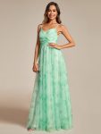 Floral Printed Empire Waist Spaghetti Strap Formal Evening Dress with V-Neck - Mint Green