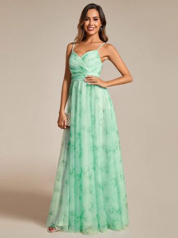 Floral Printed Empire Waist Spaghetti Strap Formal Evening Dress with V-Neck - Mint Green