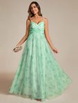 Floral Printed Empire Waist Spaghetti Strap Formal Evening Dress with V-Neck – Mint Green