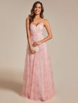 Floral Printed Empire Waist Spaghetti Strap Formal Evening Dress with V-Neck - Pink