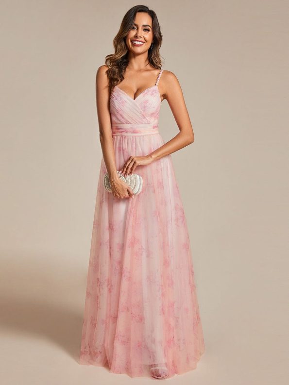 Floral Printed Empire Waist Spaghetti Strap Formal Evening Dress with V-Neck - Pink