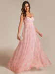 Floral Printed Empire Waist Spaghetti Strap Formal Evening Dress with V-Neck – Pink