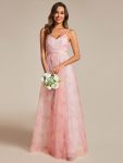 Floral Printed Empire Waist Spaghetti Strap Formal Evening Dress with V-Neck – Pink