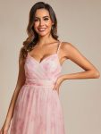 Floral Printed Empire Waist Spaghetti Strap Formal Evening Dress with V-Neck – Pink