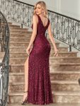 Sleeveless V-Neck High Slit Sequin Evening Dress – Burgundy