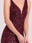 Sleeveless V-Neck High Slit Sequin Evening Dress – Burgundy