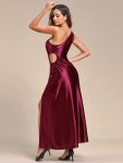 One Shoulder Elastic Side Waistband with Hollow-Out Satin Wedding Guest Dresses – Burgundy