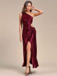 One Shoulder Elastic Side Waistband with Hollow-Out Satin Wedding Guest Dresses – Burgundy