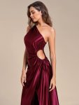 One Shoulder Elastic Side Waistband with Hollow-Out Satin Wedding Guest Dresses – Burgundy