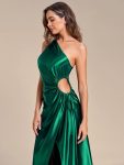 One Shoulder Elastic Side Waistband with Hollow-Out Satin Wedding Guest Dresses – Dark Green