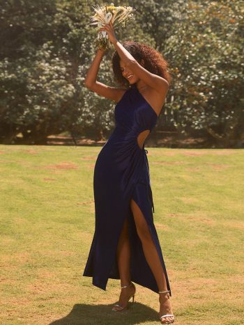 One Shoulder Elastic Side Waistband with Hollow-Out Satin Wedding Guest Dresses - Navy Blue