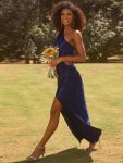 One Shoulder Elastic Side Waistband with Hollow-Out Satin Wedding Guest Dresses - Navy Blue