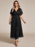 See-Through Long Sleeve Twist Knot A-Line Lotus Leaf Shimmering Evening Dress – Black