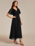 See-Through Long Sleeve Twist Knot A-Line Lotus Leaf Shimmering Evening Dress – Black