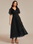 See-Through Long Sleeve Twist Knot A-Line Lotus Leaf Shimmering Evening Dress – Black