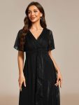 See-Through Long Sleeve Twist Knot A-Line Lotus Leaf Shimmering Evening Dress – Black