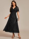 See-Through Long Sleeve Twist Knot A-Line Lotus Leaf Shimmering Evening Dress – Black