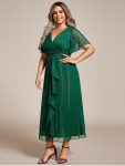 See-Through Long Sleeve Twist Knot A-Line Lotus Leaf Shimmering Evening Dress – Dark Green