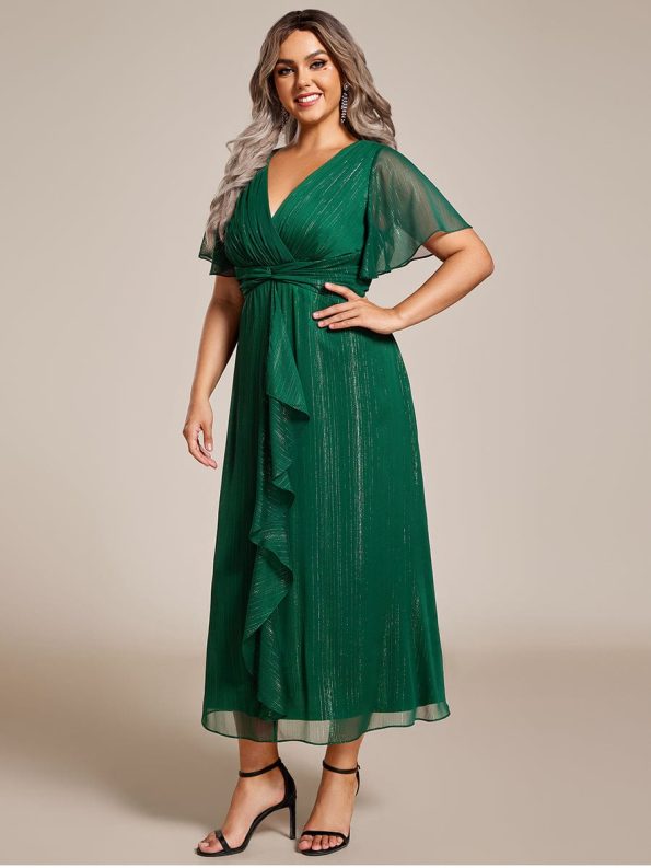 See-Through Long Sleeve Twist Knot A-Line Lotus Leaf Shimmering Evening Dress - Dark Green