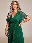 See-Through Long Sleeve Twist Knot A-Line Lotus Leaf Shimmering Evening Dress – Dark Green