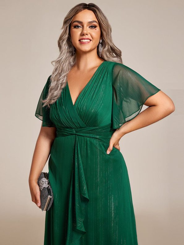 See-Through Long Sleeve Twist Knot A-Line Lotus Leaf Shimmering Evening Dress - Dark Green