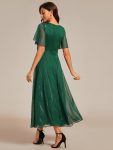 See-Through Long Sleeve Twist Knot A-Line Lotus Leaf Shimmering Evening Dress – Dark Green