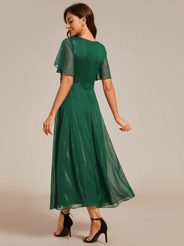 See-Through Long Sleeve Twist Knot A-Line Lotus Leaf Shimmering Evening Dress - Dark Green