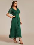 See-Through Long Sleeve Twist Knot A-Line Lotus Leaf Shimmering Evening Dress – Dark Green