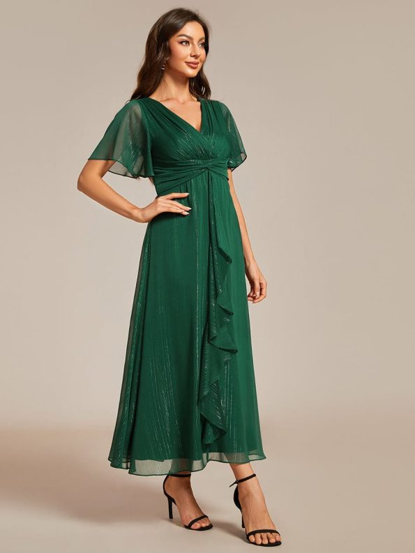 See-Through Long Sleeve Twist Knot A-Line Lotus Leaf Shimmering Evening Dress - Dark Green