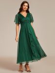 See-Through Long Sleeve Twist Knot A-Line Lotus Leaf Shimmering Evening Dress – Dark Green