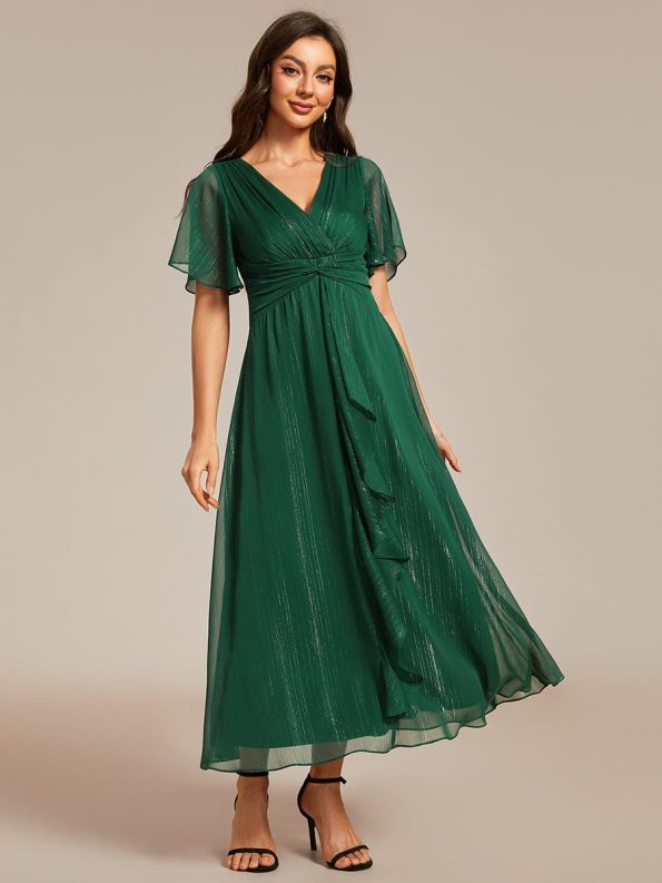 See-Through Long Sleeve Twist Knot A-Line Lotus Leaf Shimmering Evening Dress - Dark Green