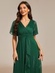 See-Through Long Sleeve Twist Knot A-Line Lotus Leaf Shimmering Evening Dress – Dark Green